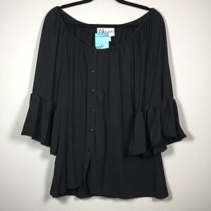 NWT black witchy bell sleeve button down on off shoulder blouse western boho L